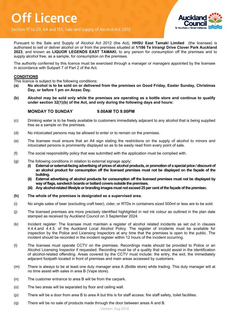 Liquor Legends NZ Liquor License Page 1